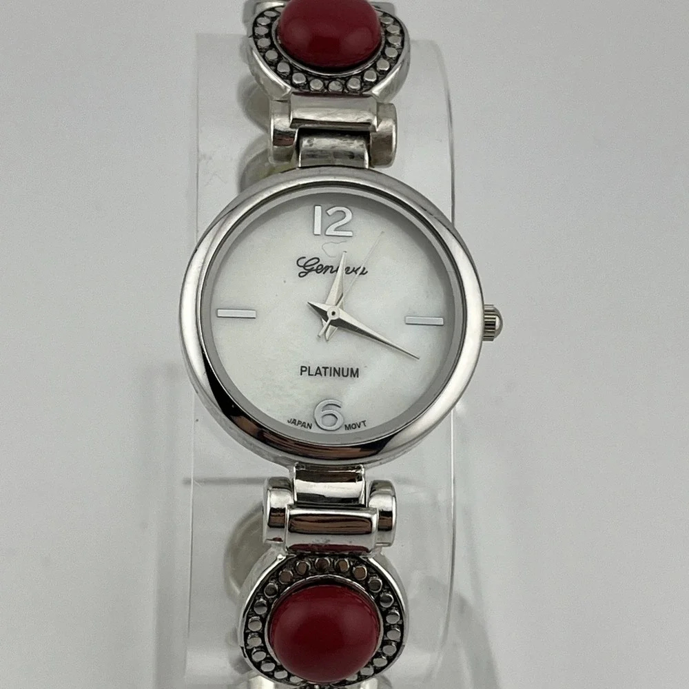 Geneva Platinum Watch Women 28mm Case‎ MOP Dial Bangle Red Accents- New Battery